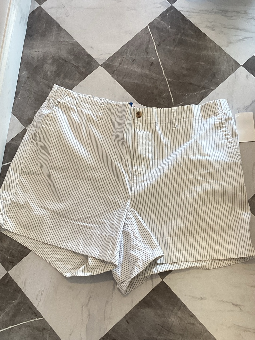 149 Old Navy Cream and White Pinstripe Flat-Front Shorts